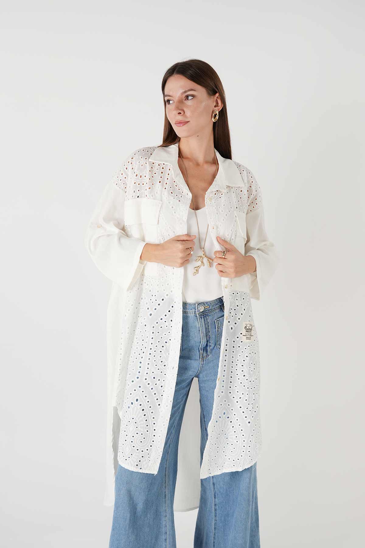 Güpür Cep Detaylı Uzun Gömlek Beyaz