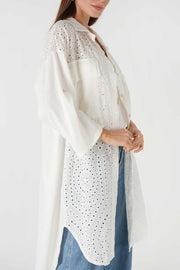 Güpür Cep Detaylı Uzun Gömlek Beyaz