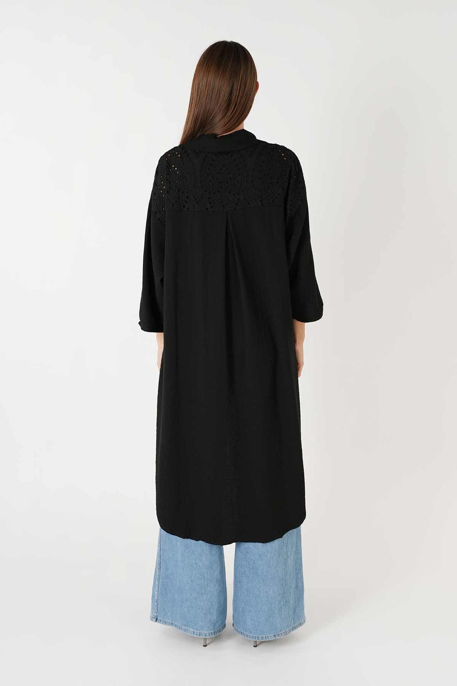 Güpür Cep Detaylı Uzun Gömlek Siyah