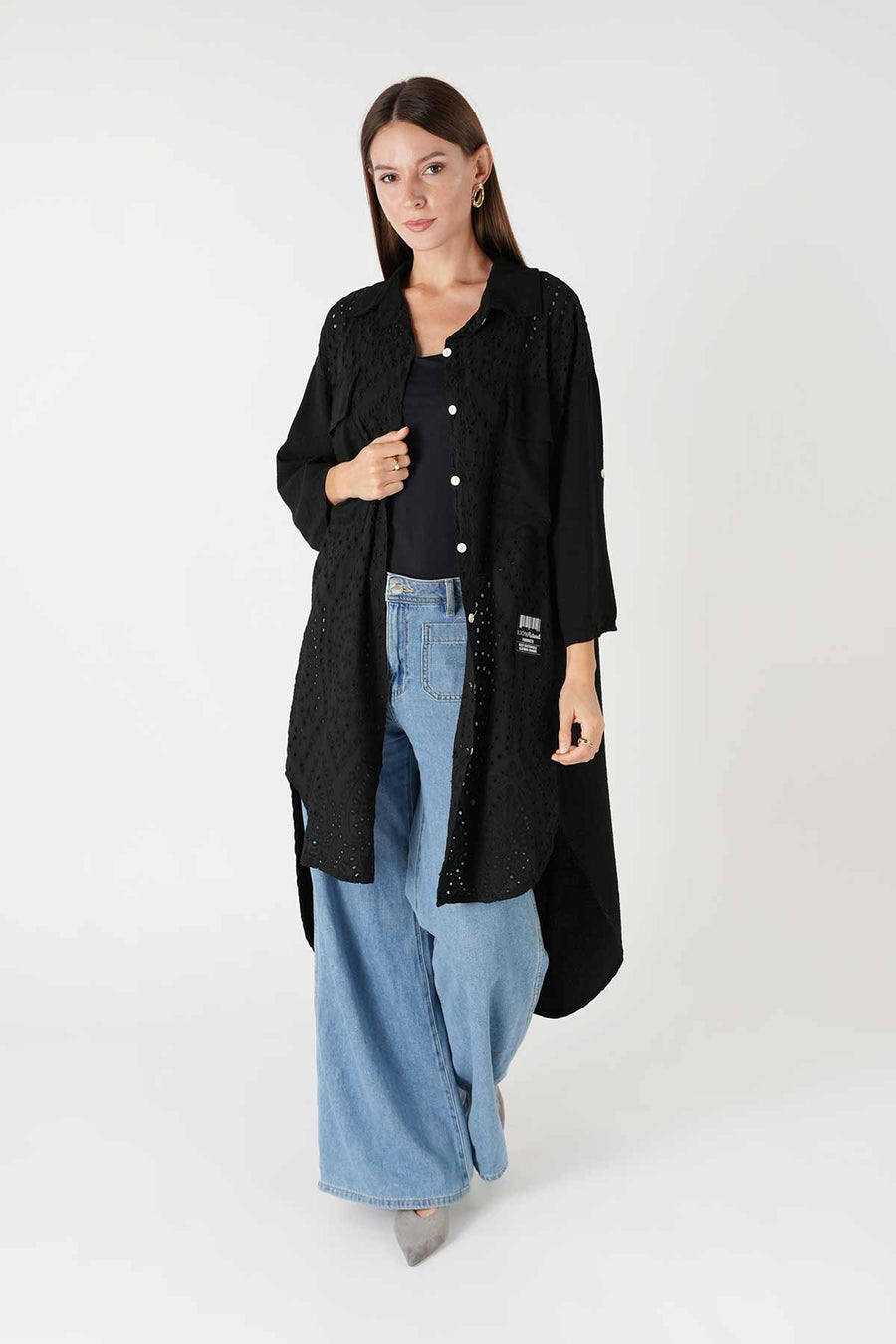 Güpür Cep Detaylı Uzun Gömlek Siyah