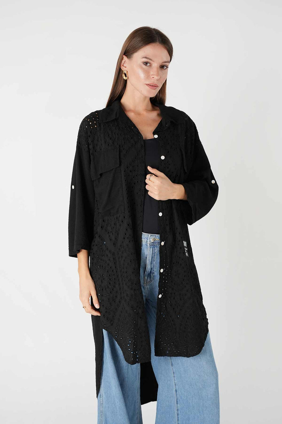 Güpür Cep Detaylı Uzun Gömlek Siyah