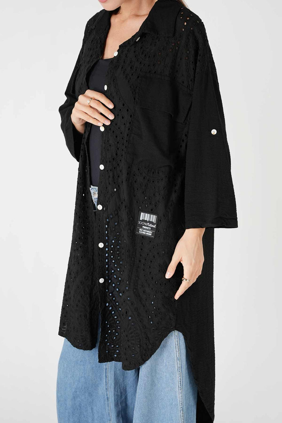 Güpür Cep Detaylı Uzun Gömlek Siyah
