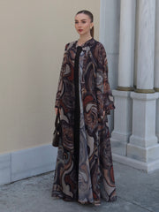 Bohem Paisley Uzun Kimono Şal Desen Kahve