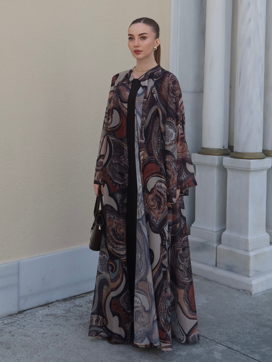 Bohem Paisley Uzun Kimono Şal Desen Kahve
