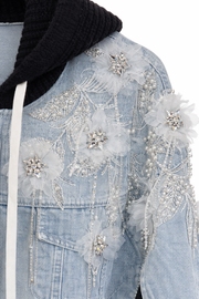 Triko Kapşonlu El İşlemeli Kot Ceket