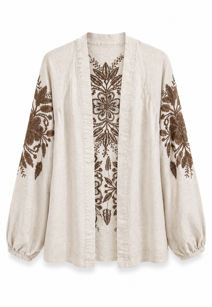 ORF Kahve Nakış İşlemeli Kimono-RS34043