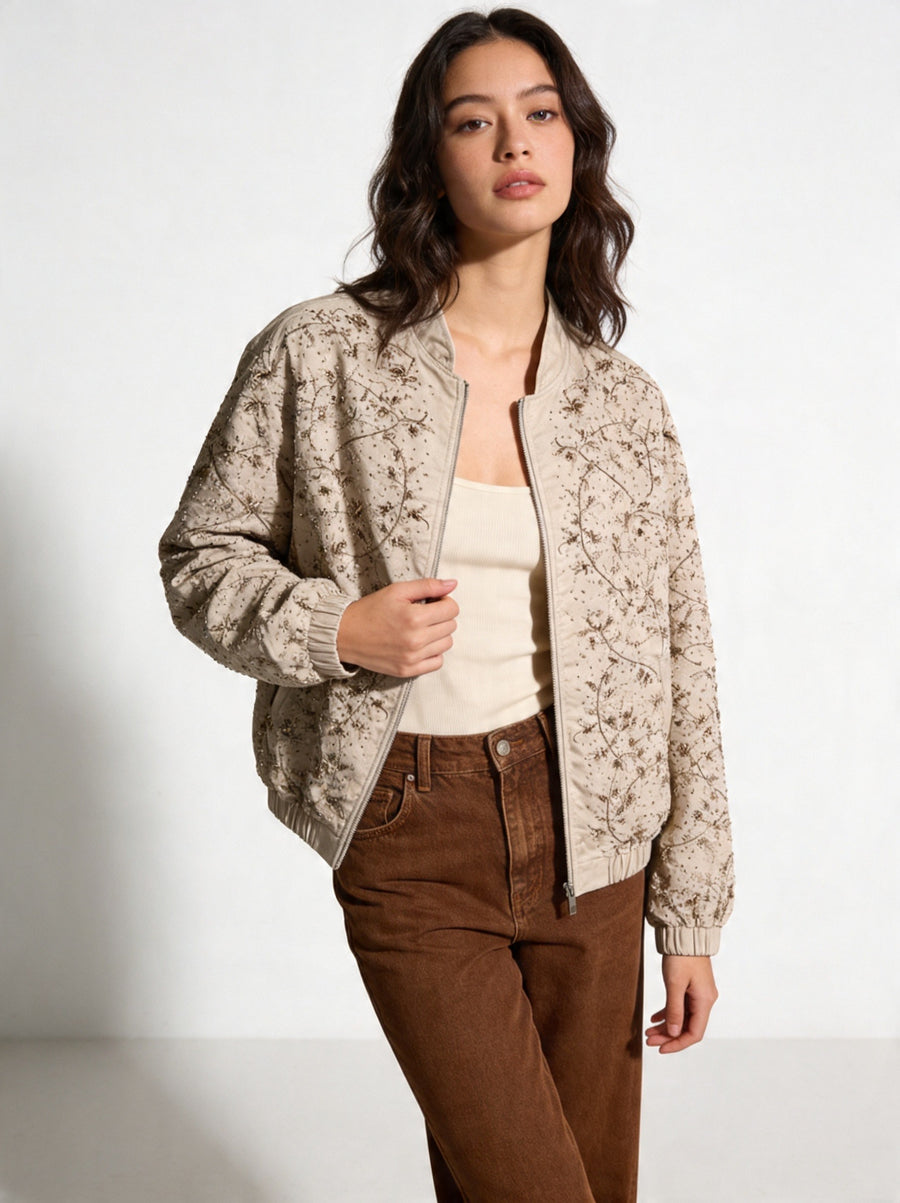 Royal Night Taşlı Bomber Krem