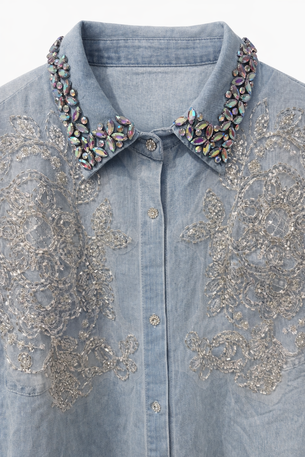 Denim İşlemeli Kot Gömlek