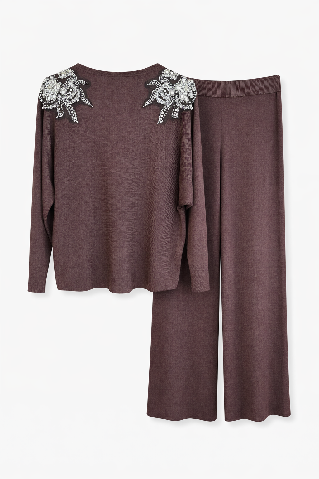 İthal Triko İşlemeli Takım-Kahverengi