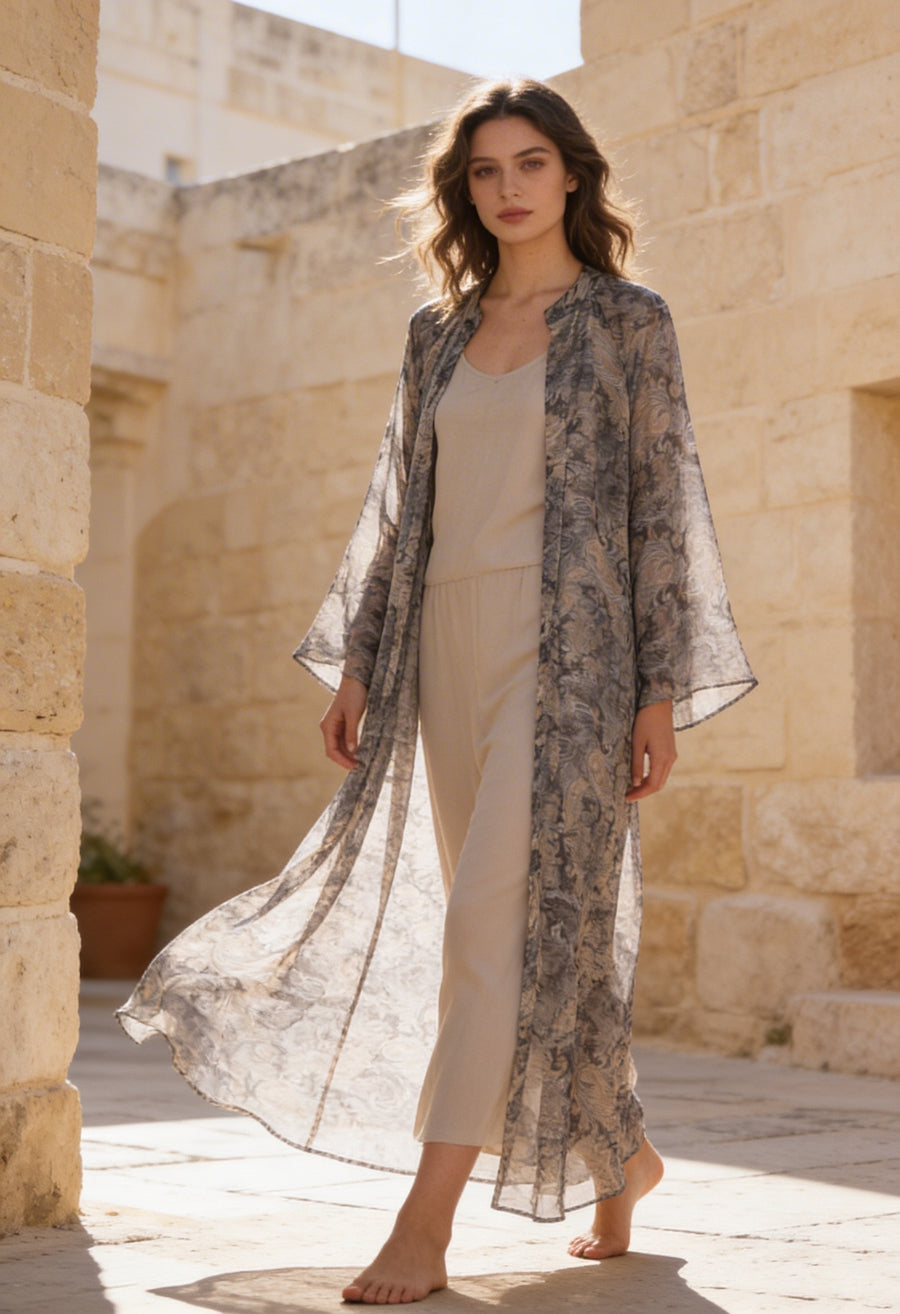 Bohem Paisley Uzun Kimono Hardal Füme