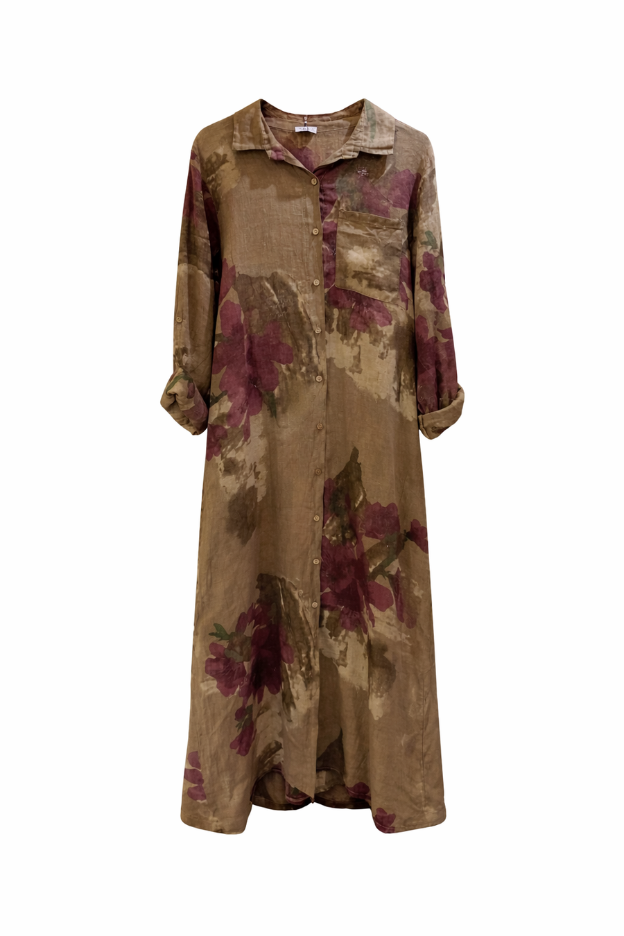 Ham Keten Gömlek Elbise Çiçek Desenli Vizon