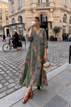 V Yaka Desenli Ham Keten Elbise Rs01640