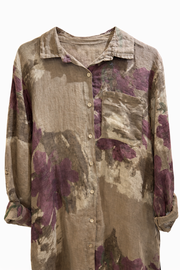 Ham Keten Gömlek Elbise Çiçek Desenli Vizon