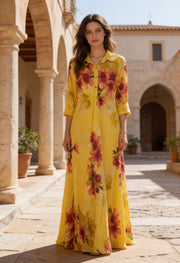 Flora Linen Sarı Uzun Elbise