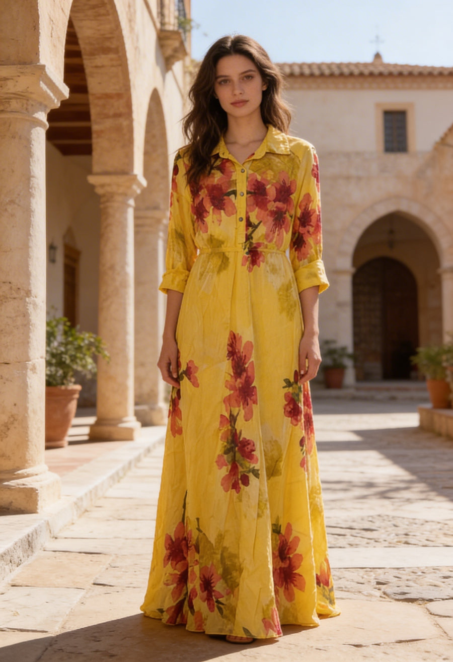 Flora Linen Sarı Uzun Elbise
