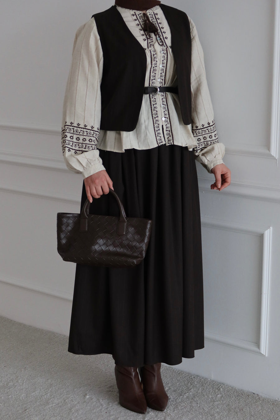 Çizgili Yelek Etekli Takım-Kahverengi