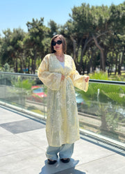 Whisper Dantel Çiçek Desenli Kuşaklı Kimono Sarı-RS0545