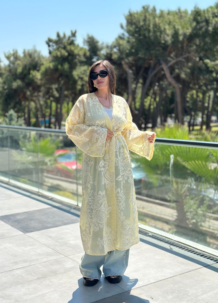 Whisper Dantel Çiçek Desenli Kuşaklı Kimono Sarı-RS0545