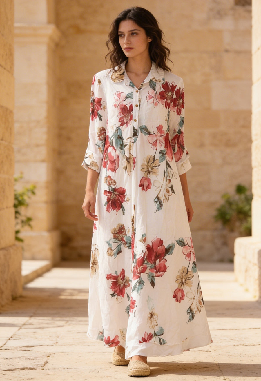 Flora Linen Beyaz Uzun Elbise