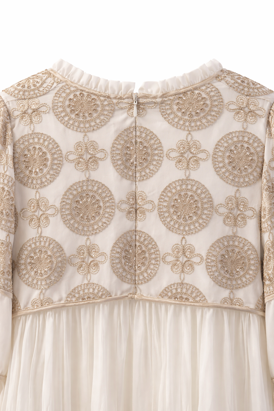 Dantel İnci İşlemeli Katlı Maksi Elbise-Krem