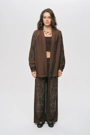 ORF-Boncuk İşlemeli Oversize Kimono K.Kahve