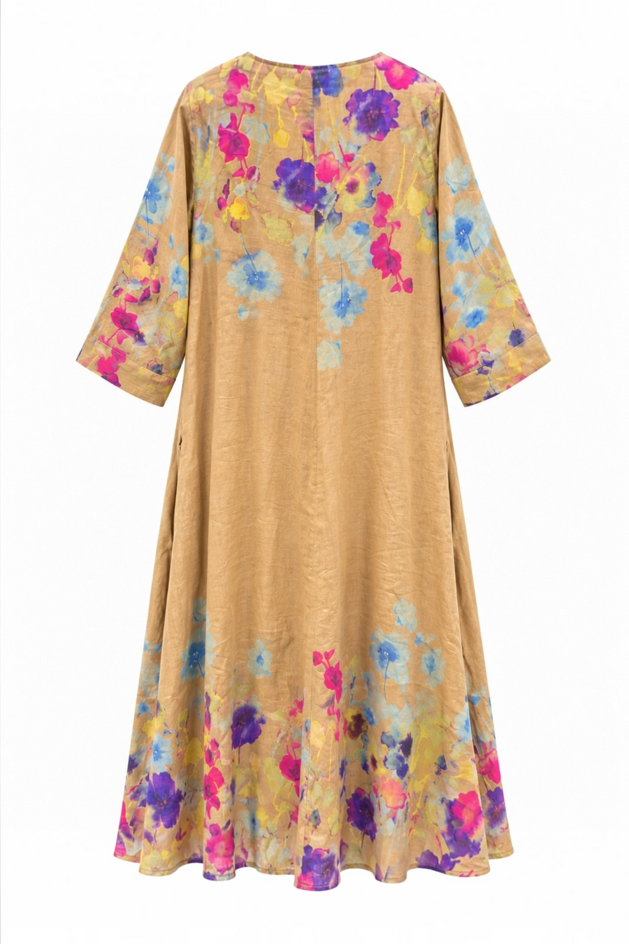 V Yaka Desenli Ham Keten Elbise Rs01638 Camel