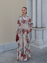 Flora Linen Krem Uzun Elbise