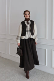 Çizgili Yelek Etekli Takım-Kahverengi