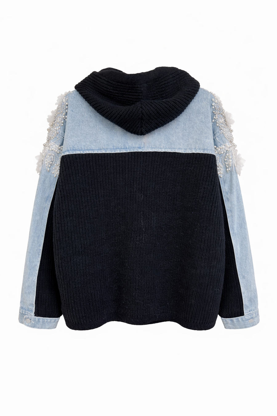 Triko Kapşonlu El İşlemeli Kot Ceket