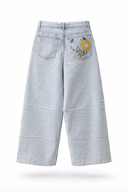 Kadın Ice 11s6-99 Palazzo Fit Özel Sarı Mavi Çiçek Desen Nakışlı Tasarım Denim Jean