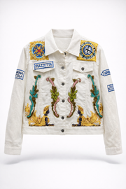 Beyaz Nakışlı Kot Ceket