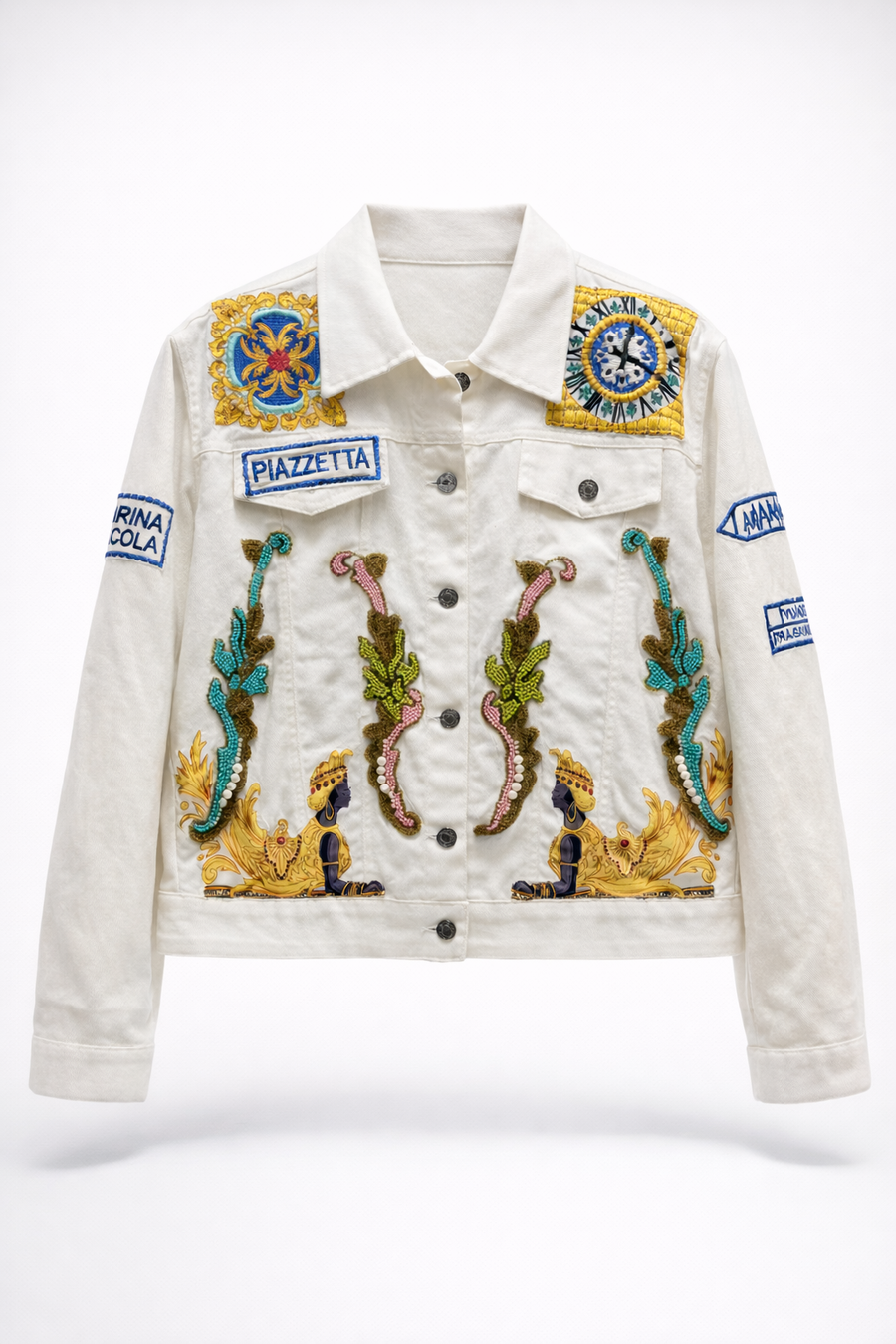 Beyaz Nakışlı Kot Ceket