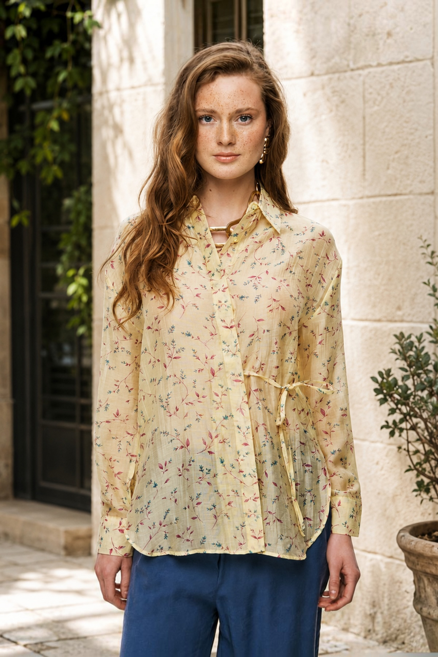 Bağlamalı Desenli Tencel Gömlek Modeli Rs34817