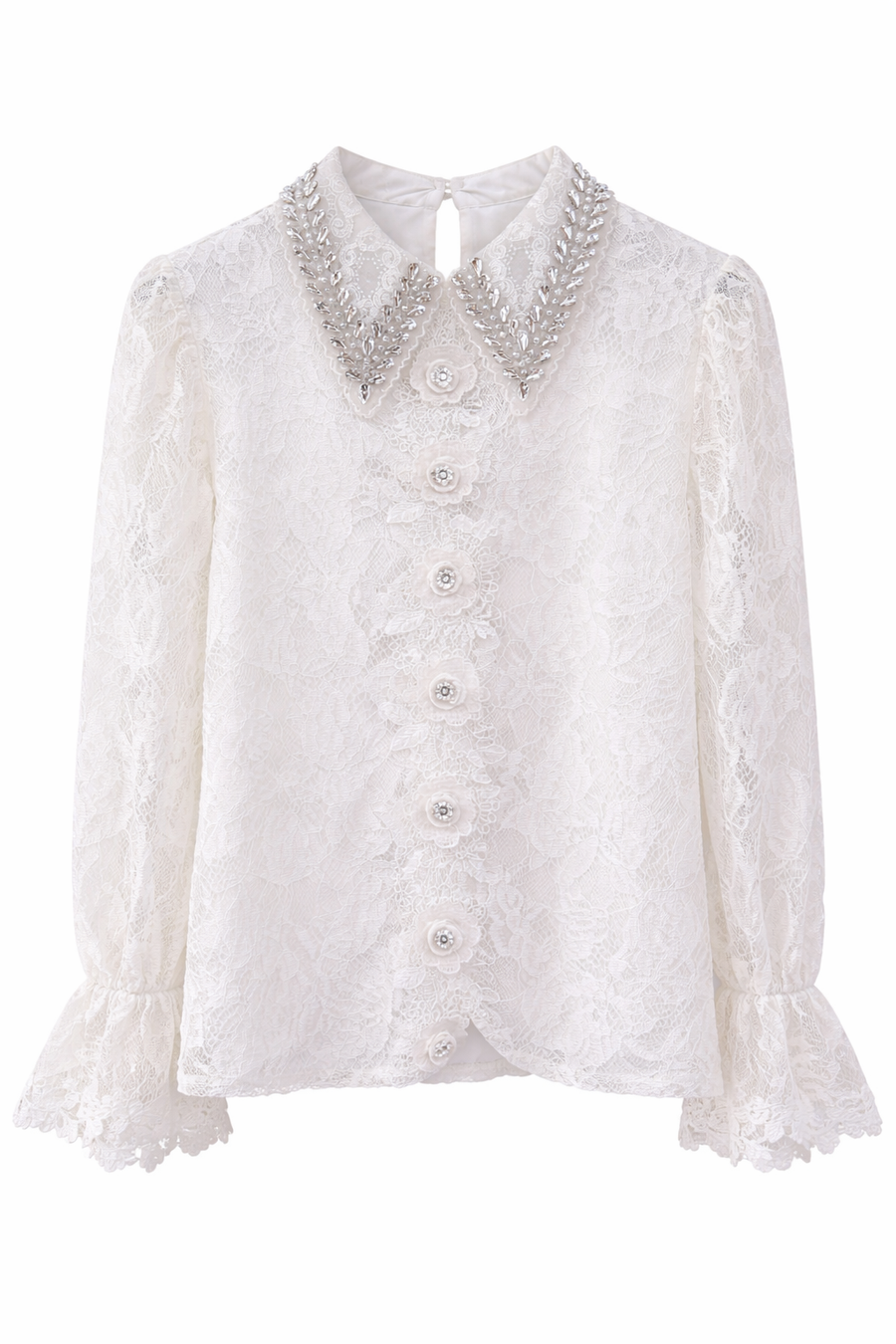 Zarif Güpür Detaylı Transparan Kollu Bluz-Beyaz