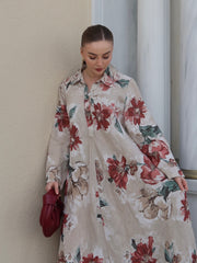 Flora Linen Krem Uzun Elbise