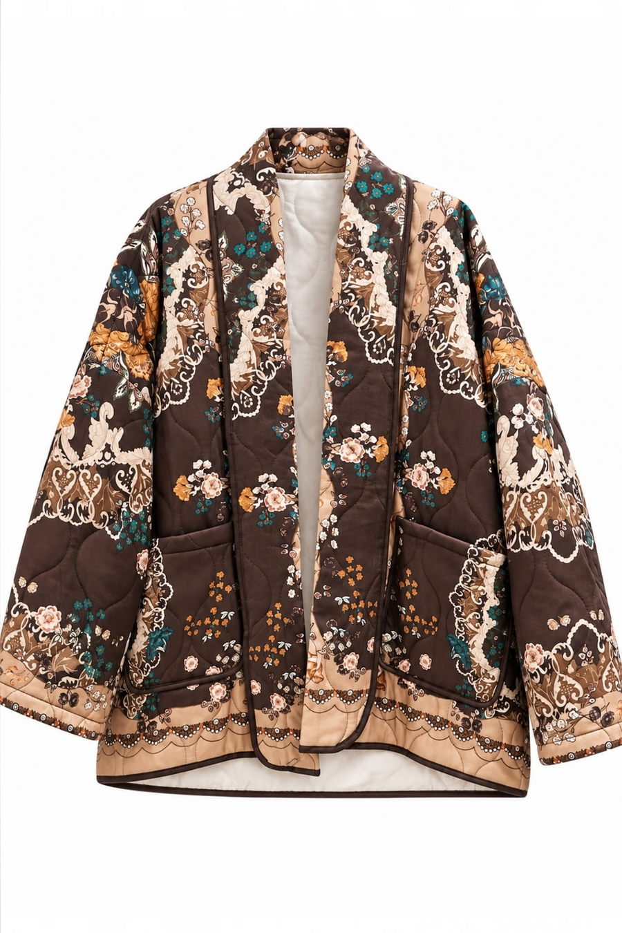 Çiçek Desenli Kapitone Kimono | Kahverengi