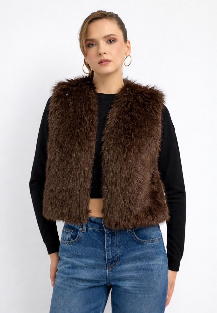 Düz Desen Kısa Kürk Yelek-Kahverengi