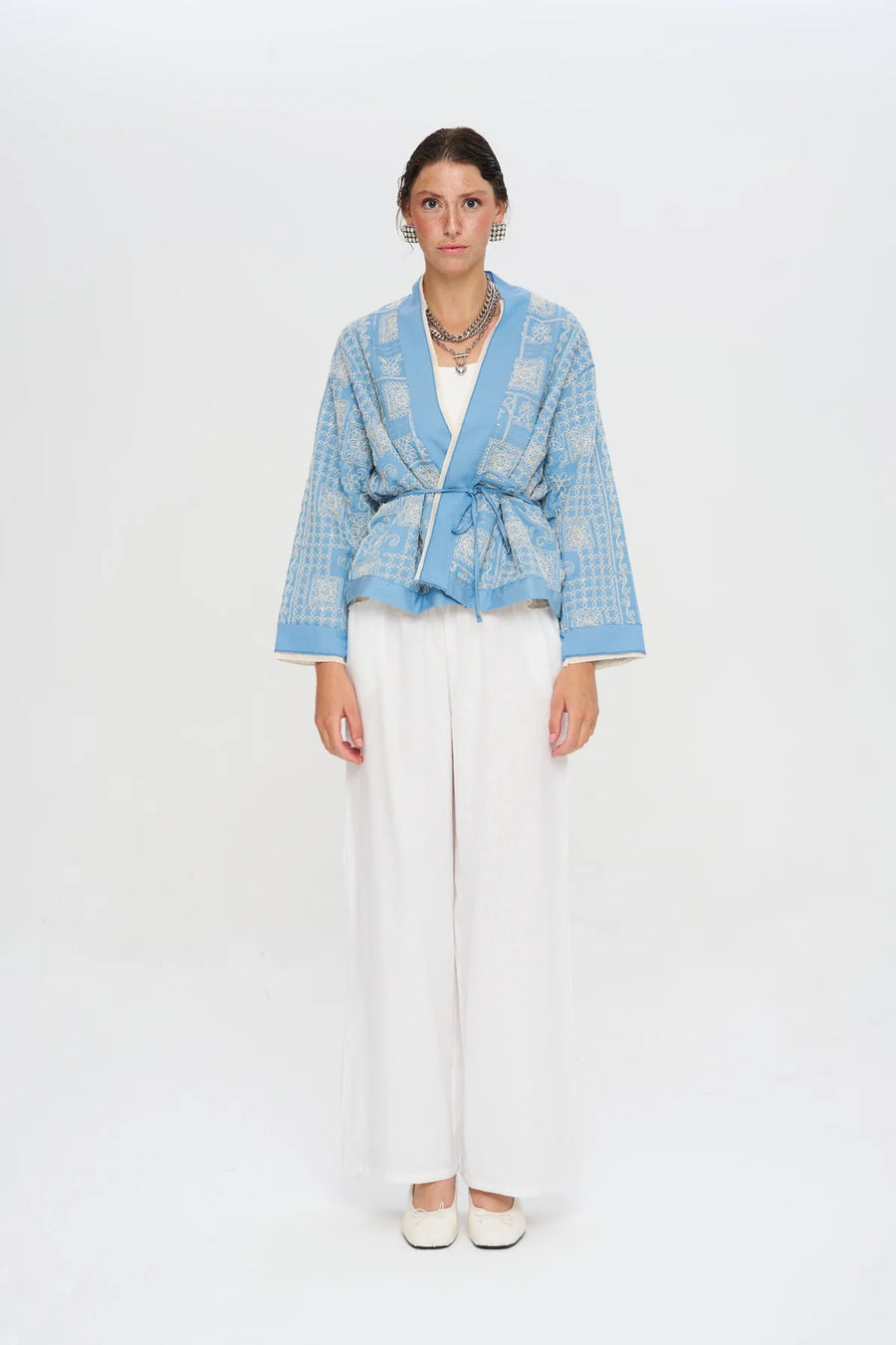 Etnik Nakışlı Kuşaklı Kısa Kimono-RS34920
