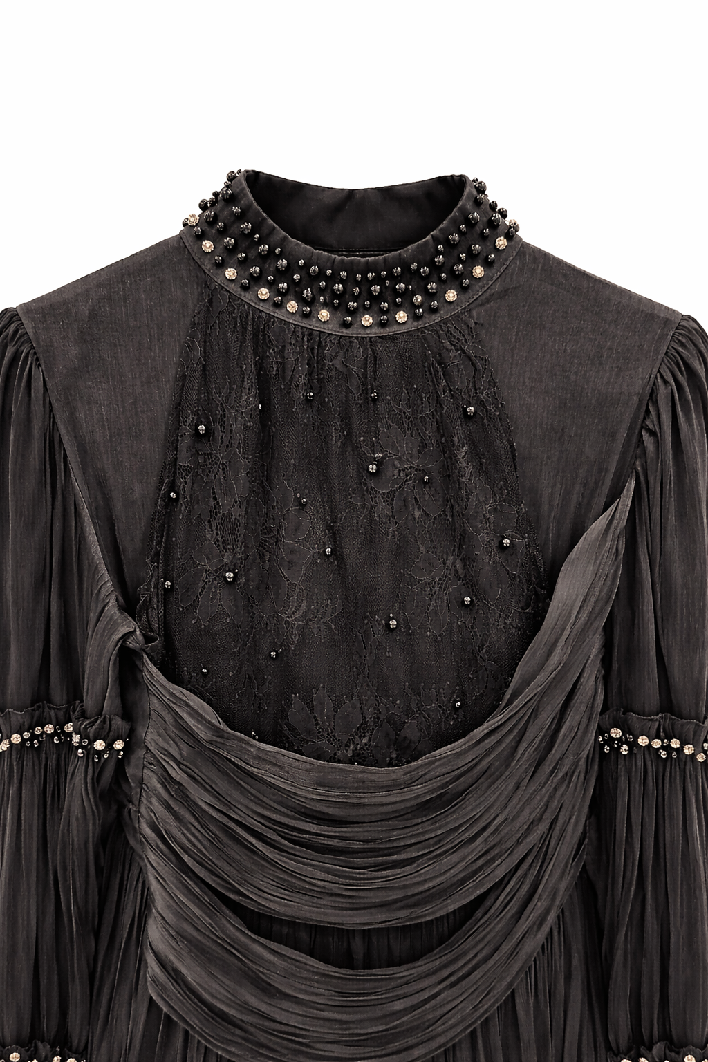 Siyah İnci Drapeli Saten Elbise