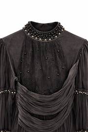 Siyah İnci Drapeli Saten Elbise