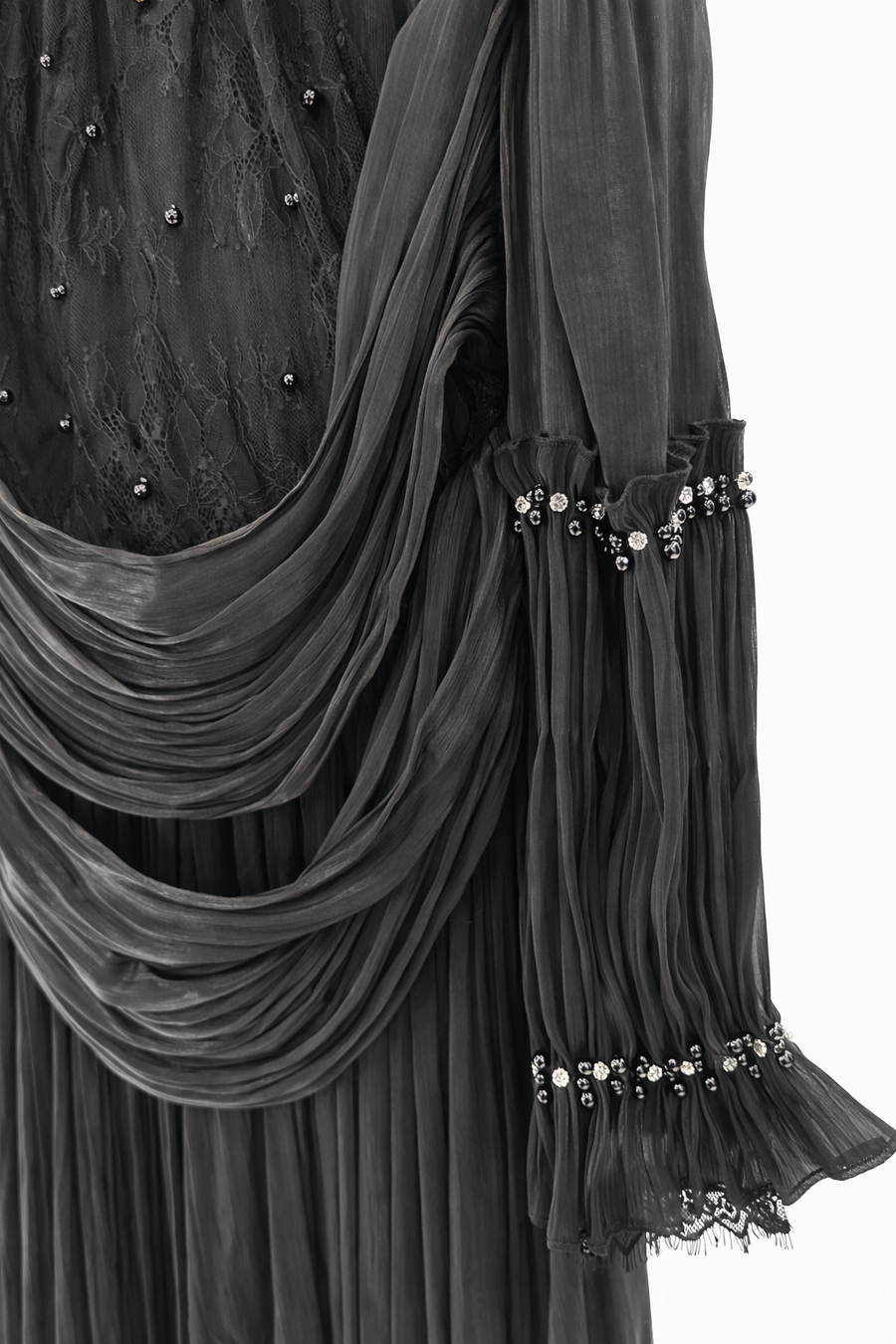 Siyah İnci Drapeli Saten Elbise