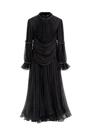 Siyah İnci Drapeli Saten Elbise