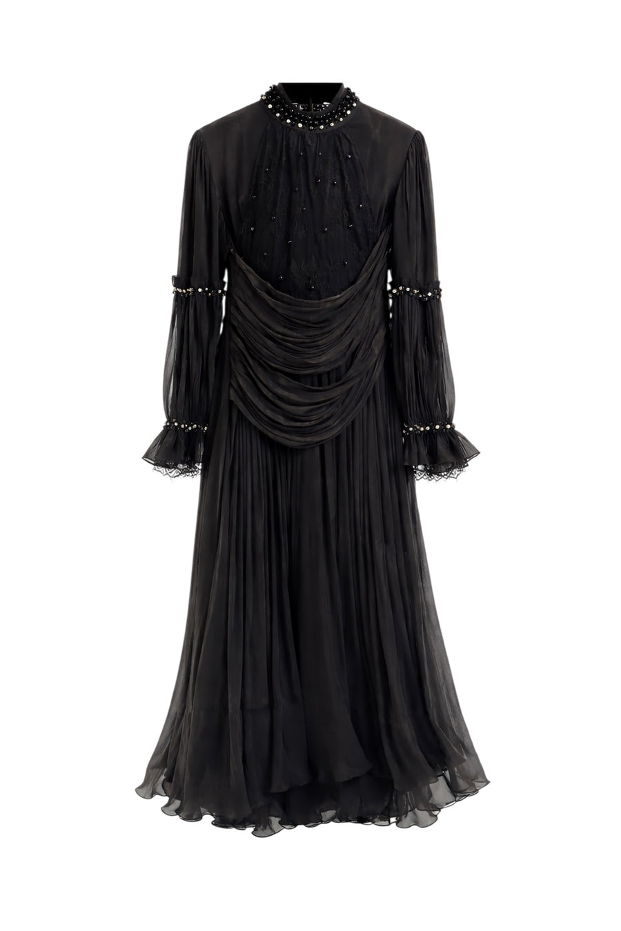 Siyah İnci Drapeli Saten Elbise