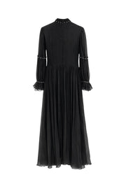 Siyah İnci Drapeli Saten Elbise