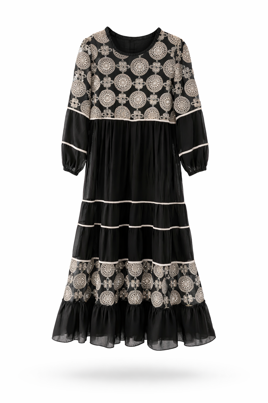 Dantel İnci İşlemeli Katlı Maksi Elbise-Siyah