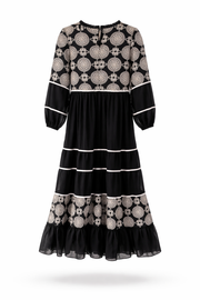 Dantel İnci İşlemeli Katlı Maksi Elbise-Siyah
