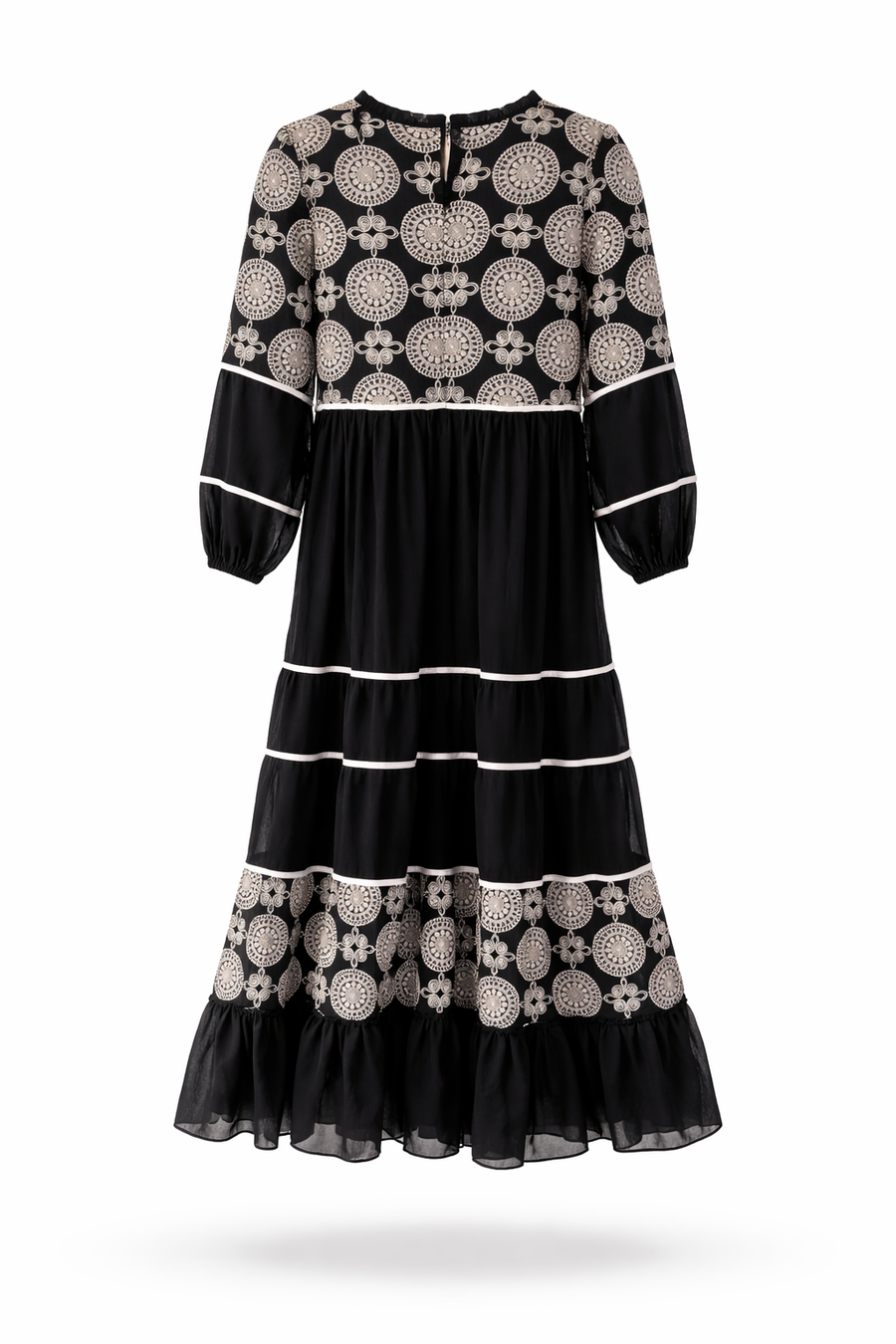 Dantel İnci İşlemeli Katlı Maksi Elbise-Siyah