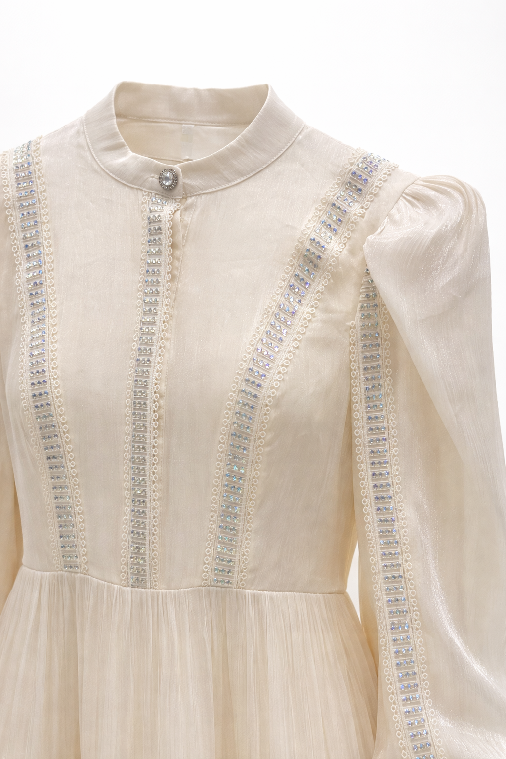 İnci Şeritli Maxi Elbise-Krem