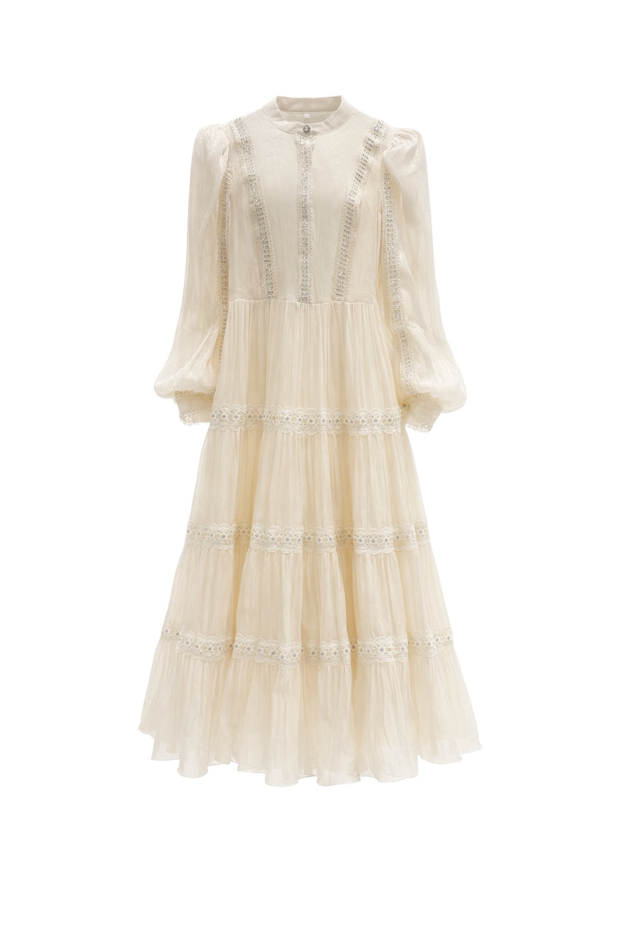 İnci Şeritli Maxi Elbise-Krem