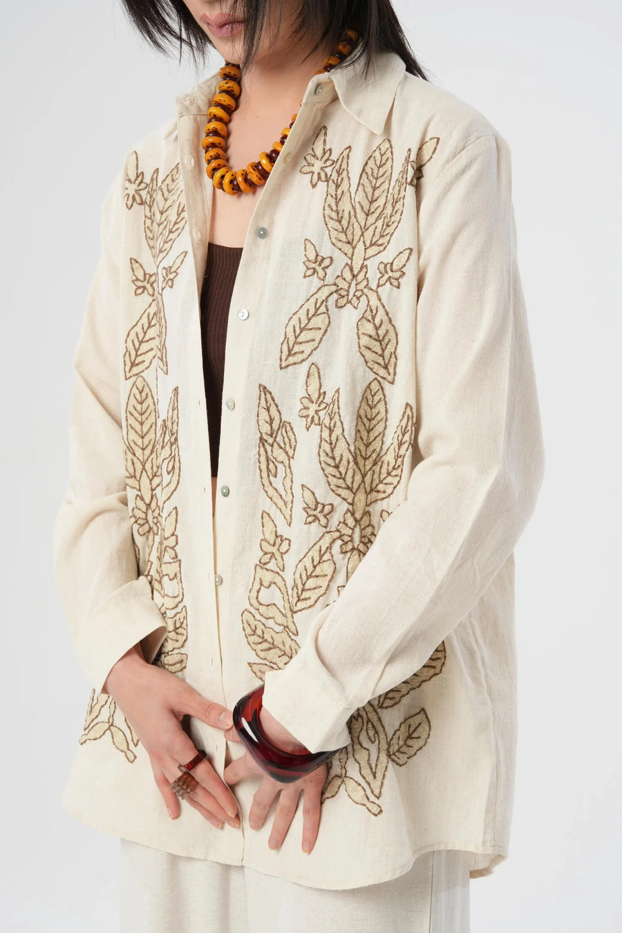 Oversize Nakışlı Keten Gömlek-RS34196